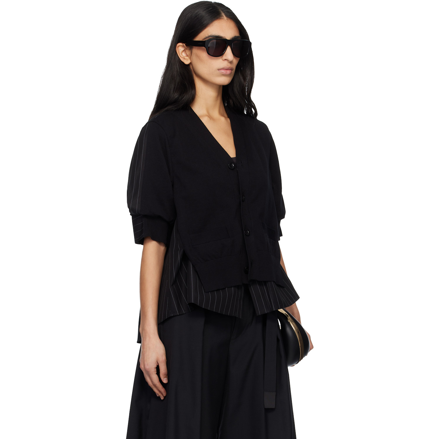  Sacai Black Chalk Stripe & Cotton Knit Cardigan 