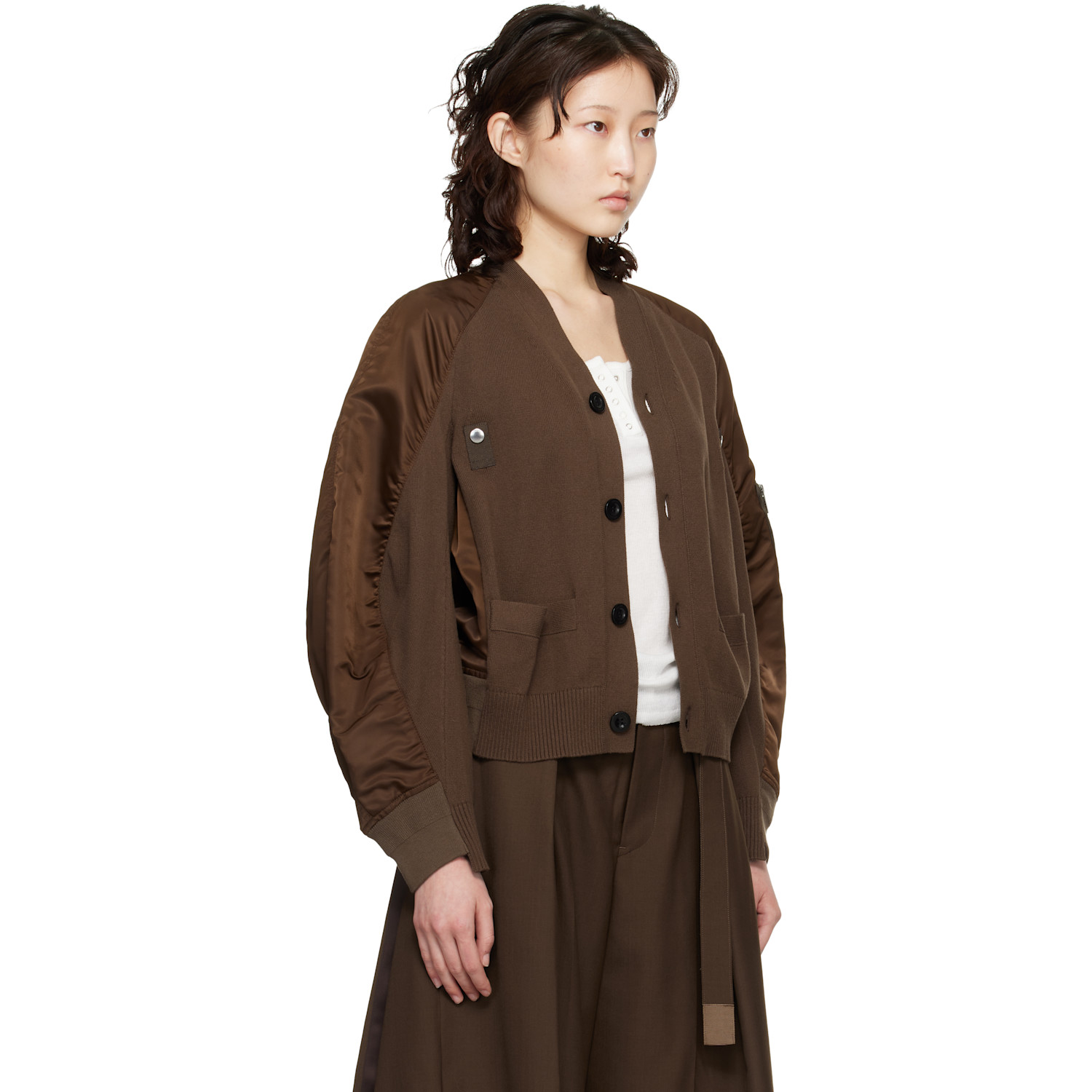  Sacai Brown Nylon Twill & Knit Cardigan 