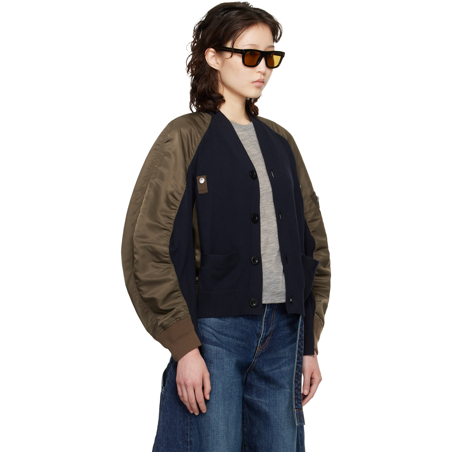  Sacai Green & Navy Nylon Twill Knit Cardigan 
