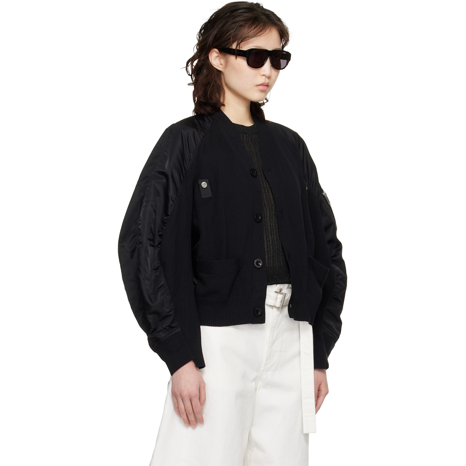  Sacai Black Nylon Twill & Knit Cardigan 