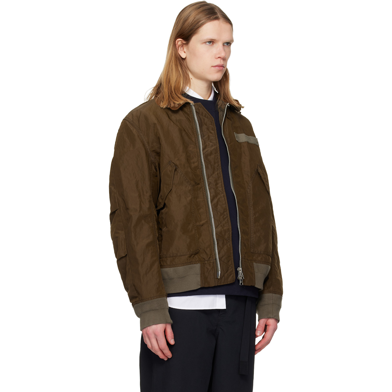  Sacai Brown Treated Nylon Twill Bomber Jacket 