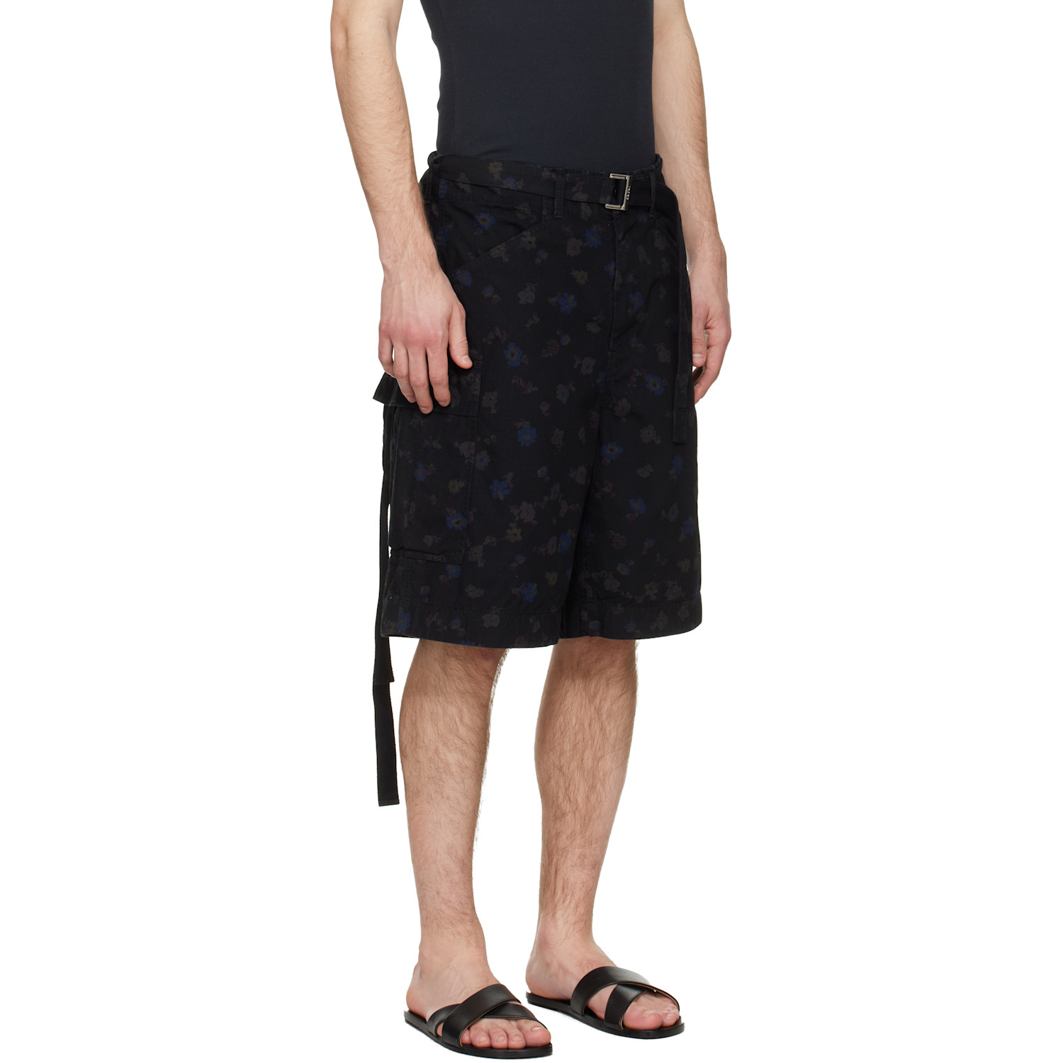  Sacai Black Overdyed Floral Print Cargo Shorts 