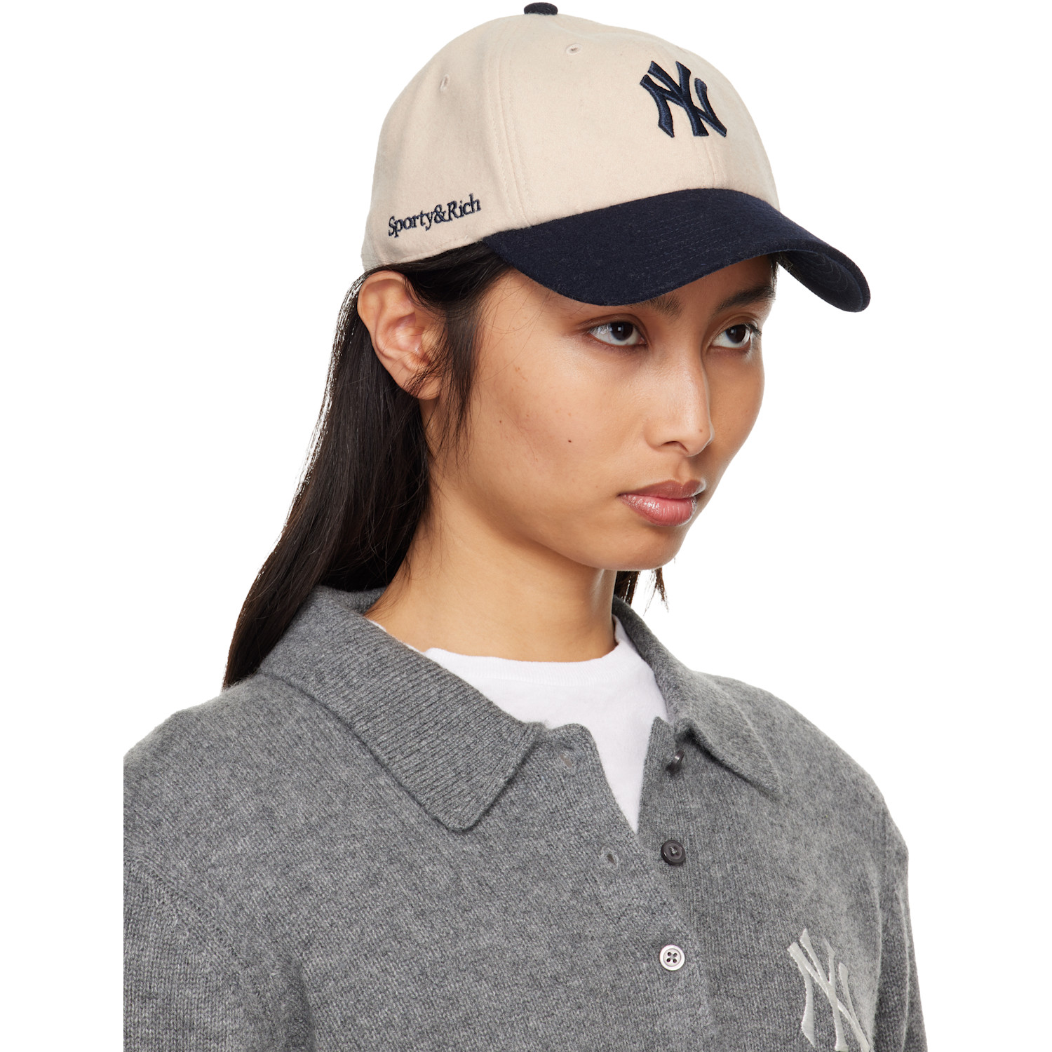  Sporty & Rich Off-white & Navy '47 Edition Yankees Serif Wool Cap 
