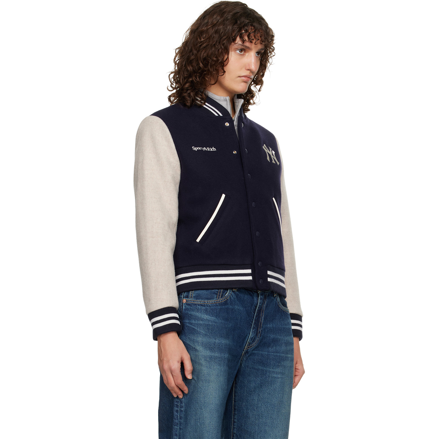  Sporty & Rich Navy & Beige Yankees Curve Wool Varsity Jacket 