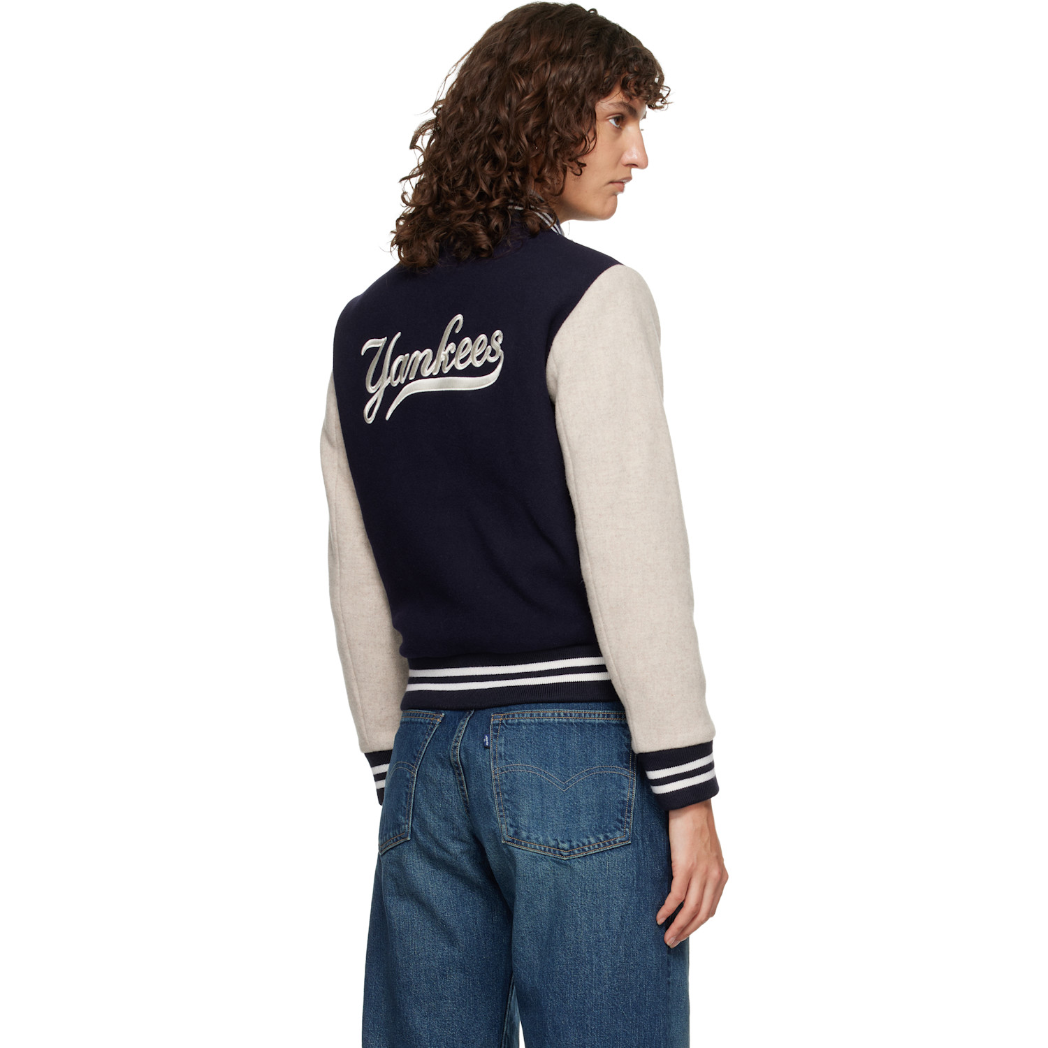  Sporty & Rich Navy & Beige Yankees Curve Wool Varsity Jacket 
