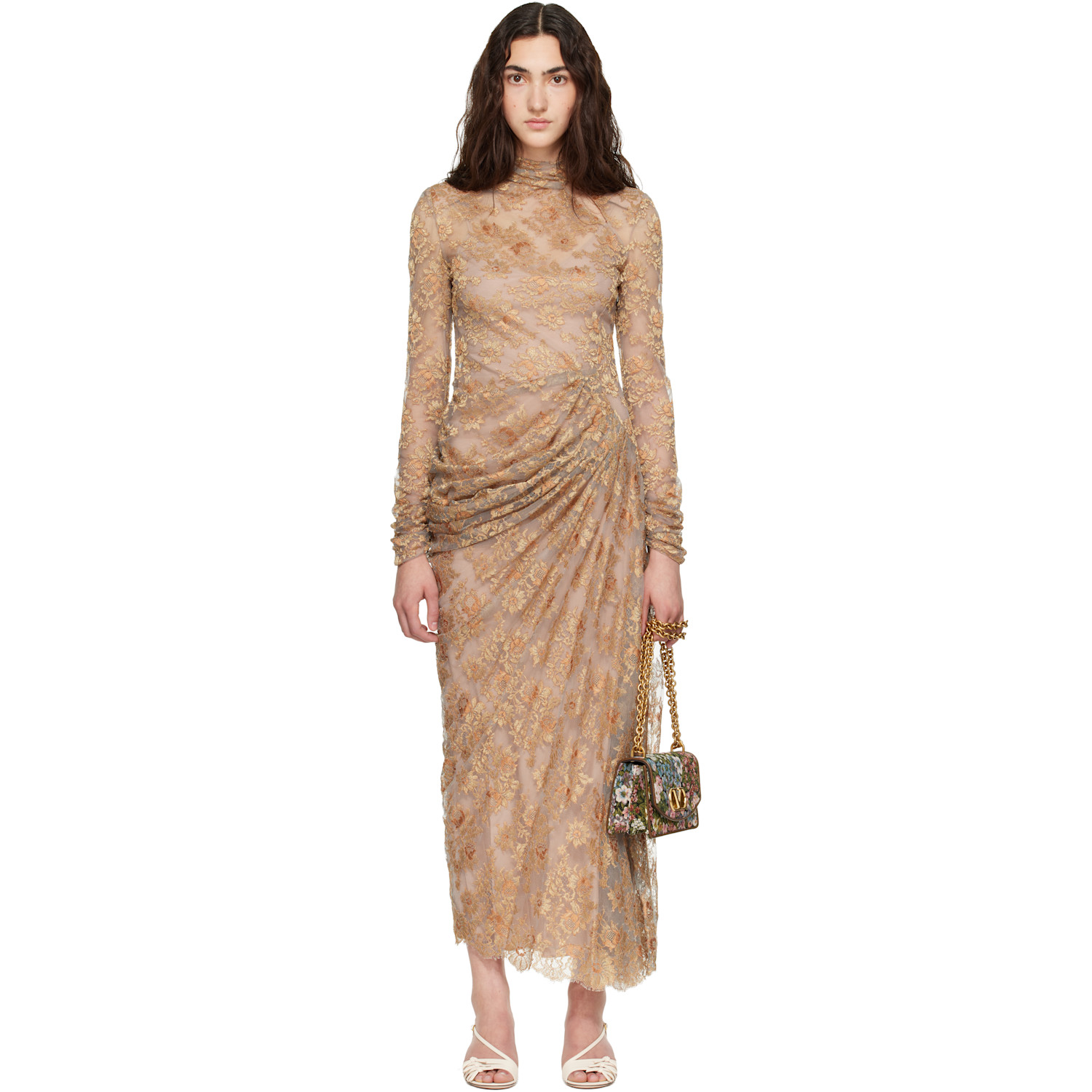 Valentino Beige Feather Lace Maxi Dress