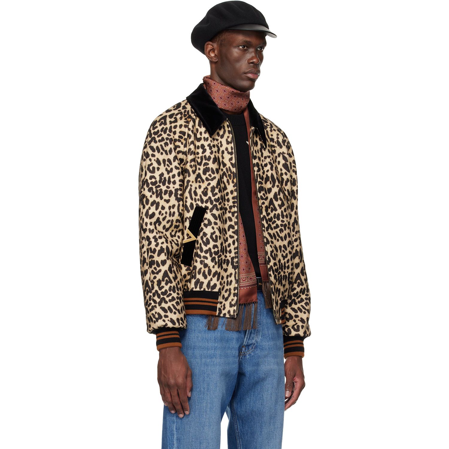  Valentino Beige & Black Wool Drape Vgold Bomber Jacket 