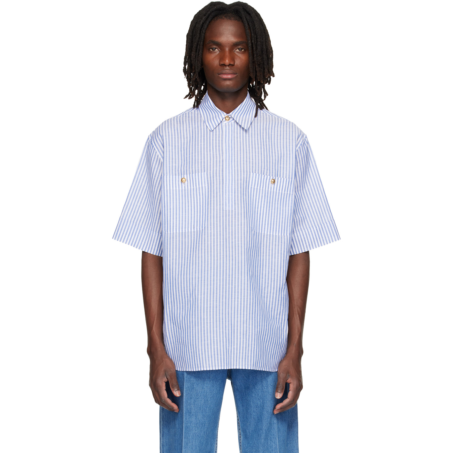 Valentino Blue & White Striped Cotton Linen Shirt