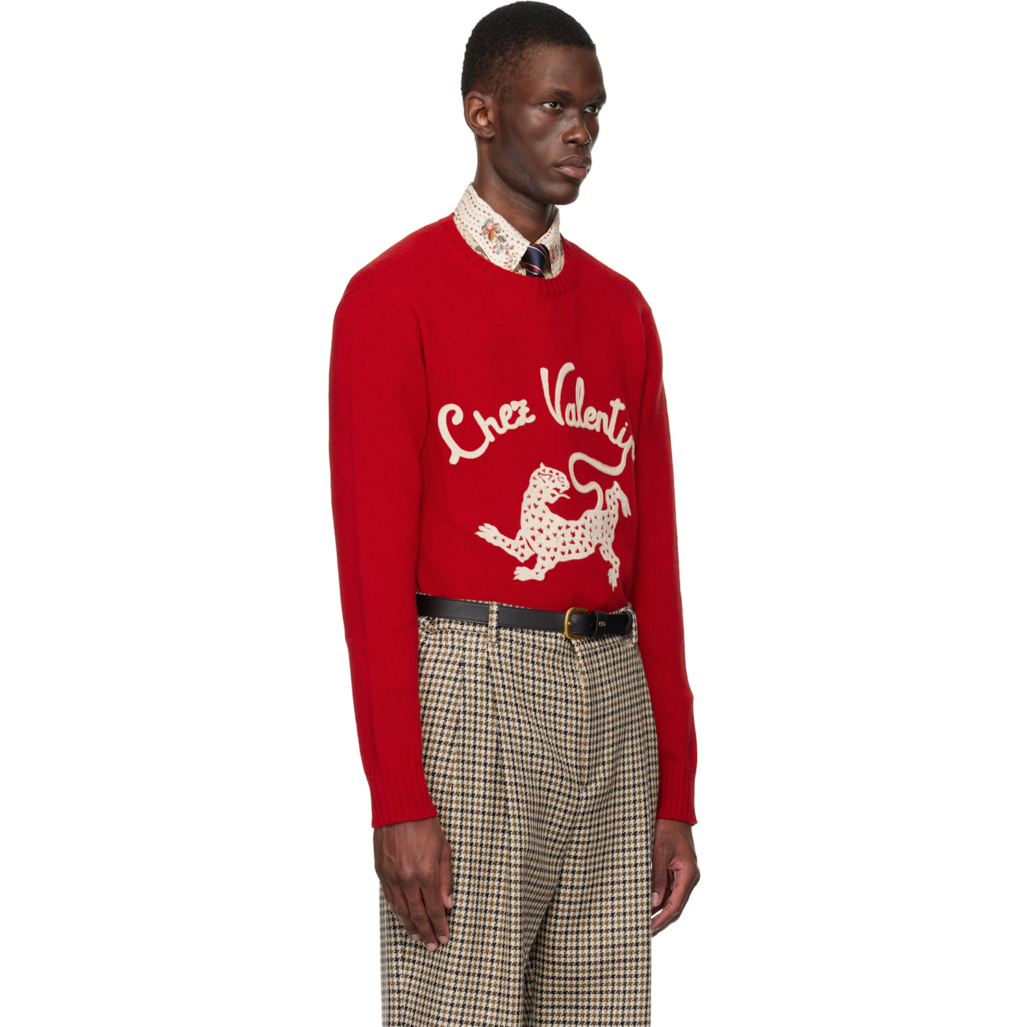  Valentino Red Wool 'chez Valentino' Panther Embroidery Sweater 