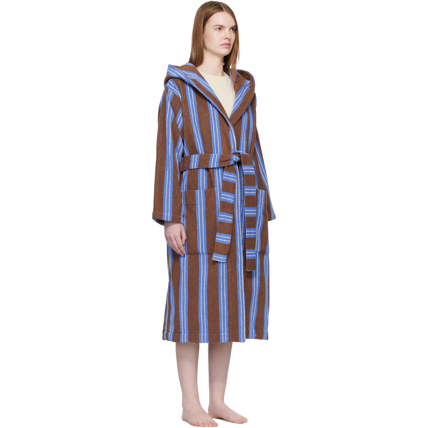  Tekla Brown & Blue Terry Hooded Bathrobe 