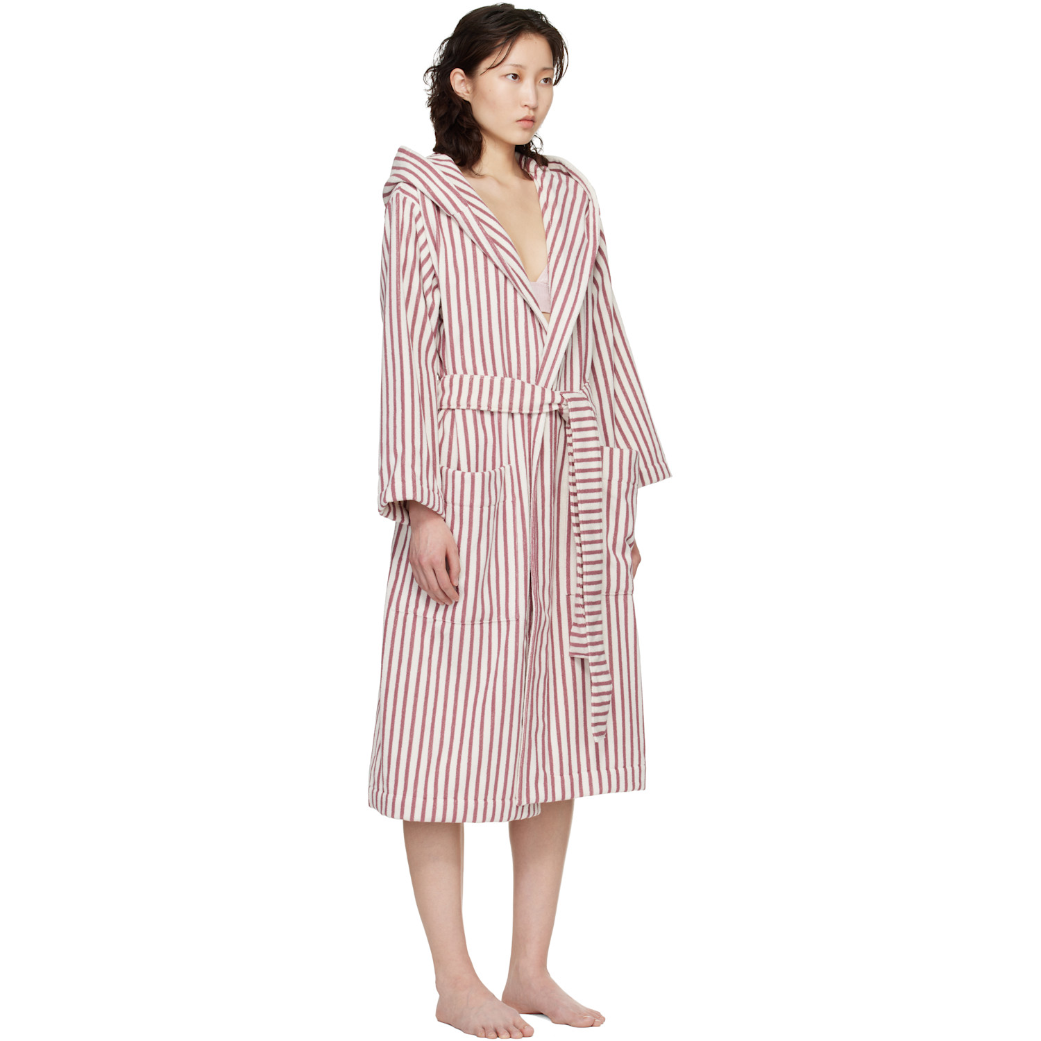  Tekla White & Red Terry Hooded Bathrobe 