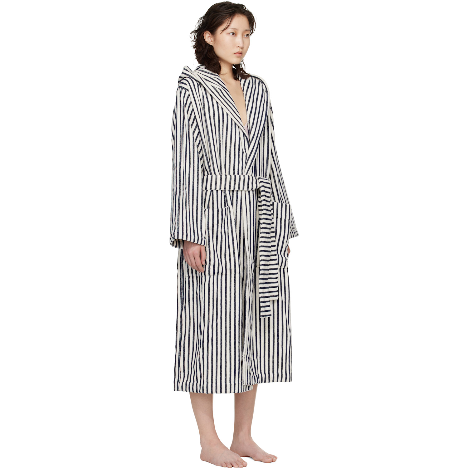  Tekla White & Navy Terry Hooded Bathrobe 