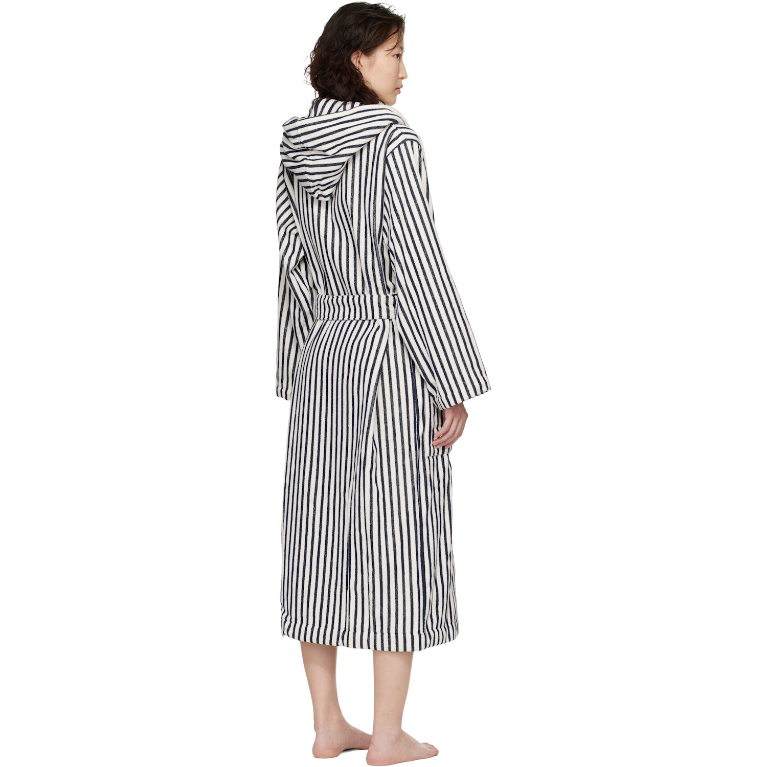  Tekla White & Navy Terry Hooded Bathrobe 