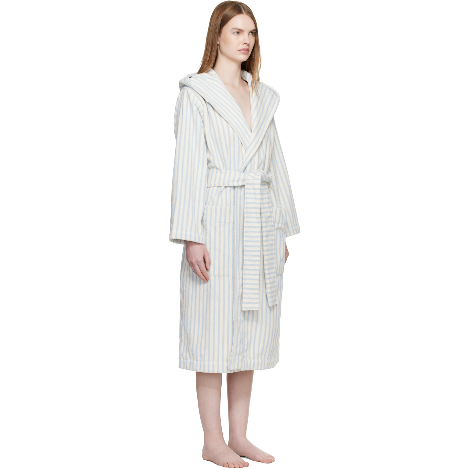  Tekla Off White & Blue Terry Hooded Bathrobe 