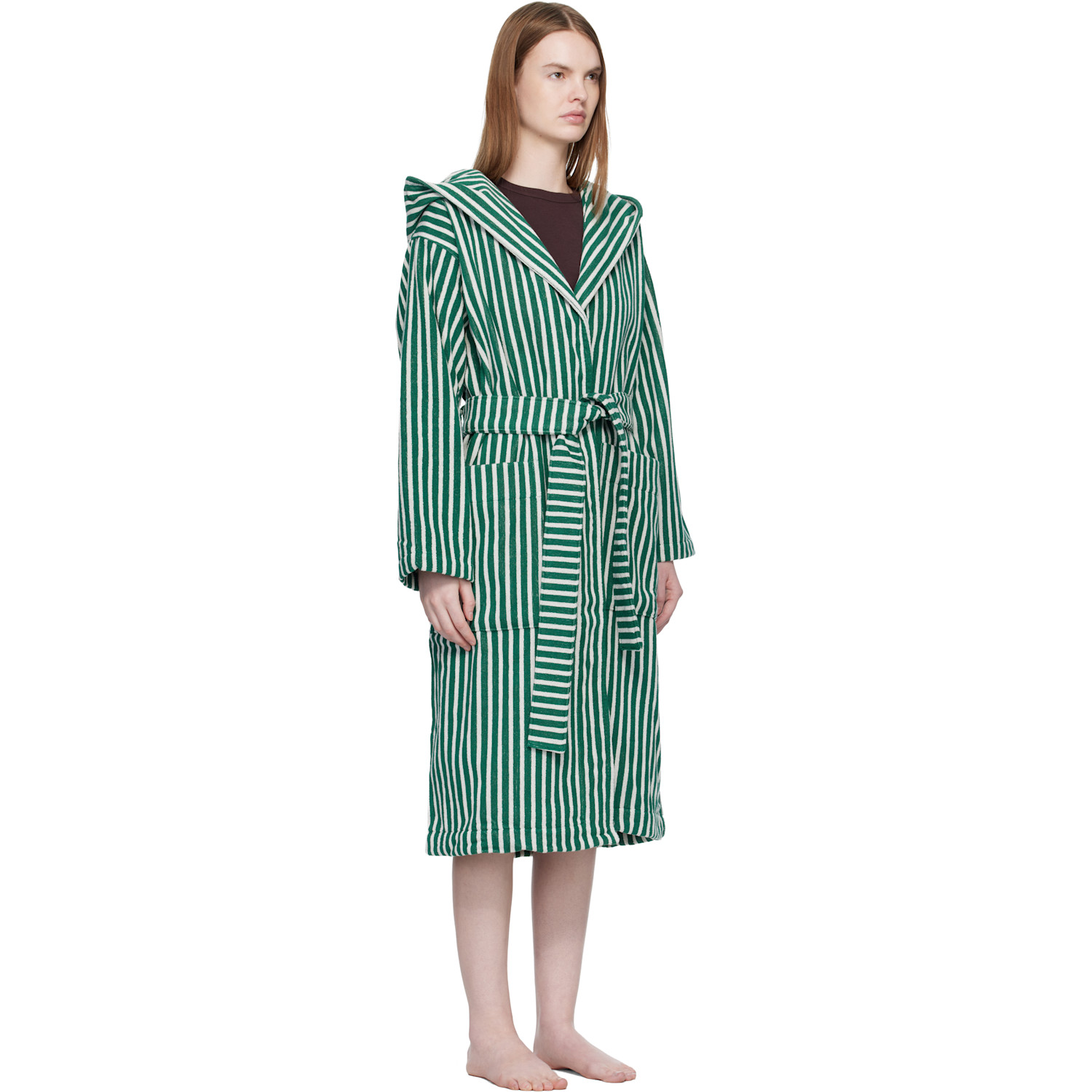  Tekla Green & White Terry Hooded Bathrobe 