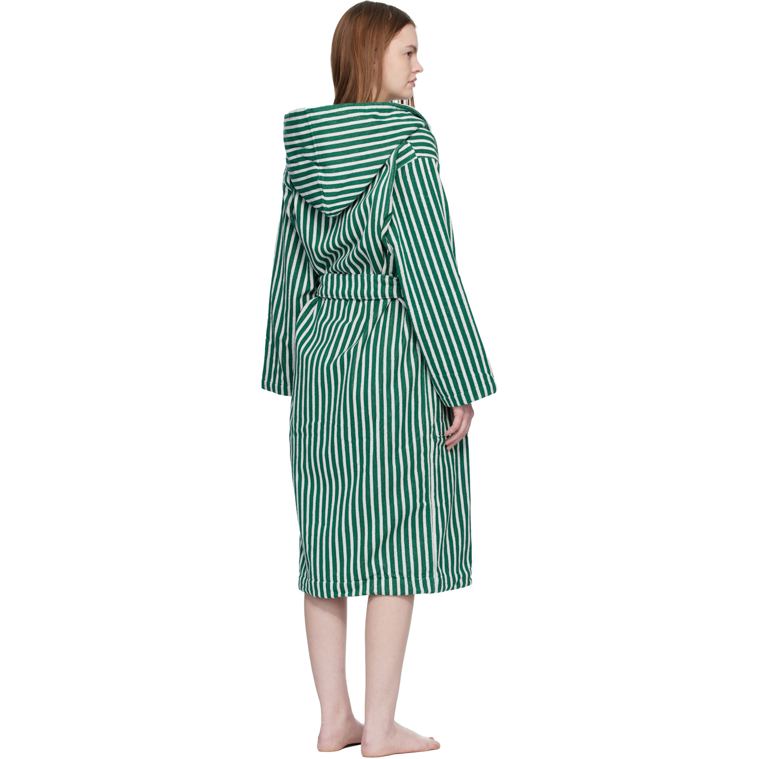  Tekla Green & White Terry Hooded Bathrobe 