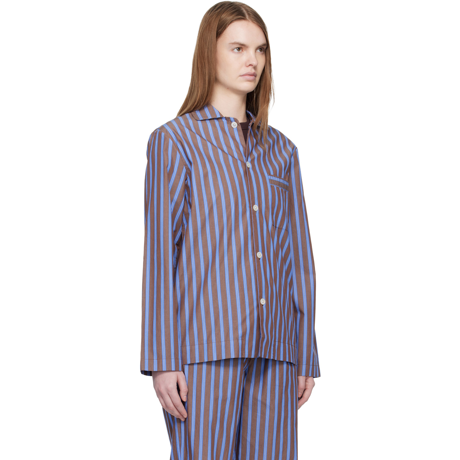  Tekla Brown & Blue Poplin Long-sleeved Pyjama Shirt 
