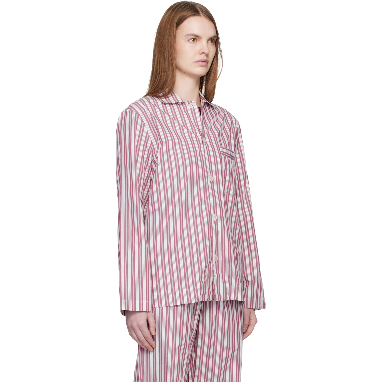  Tekla Pink & Off-white Poplin Long-sleeved Pyjama Shirt 