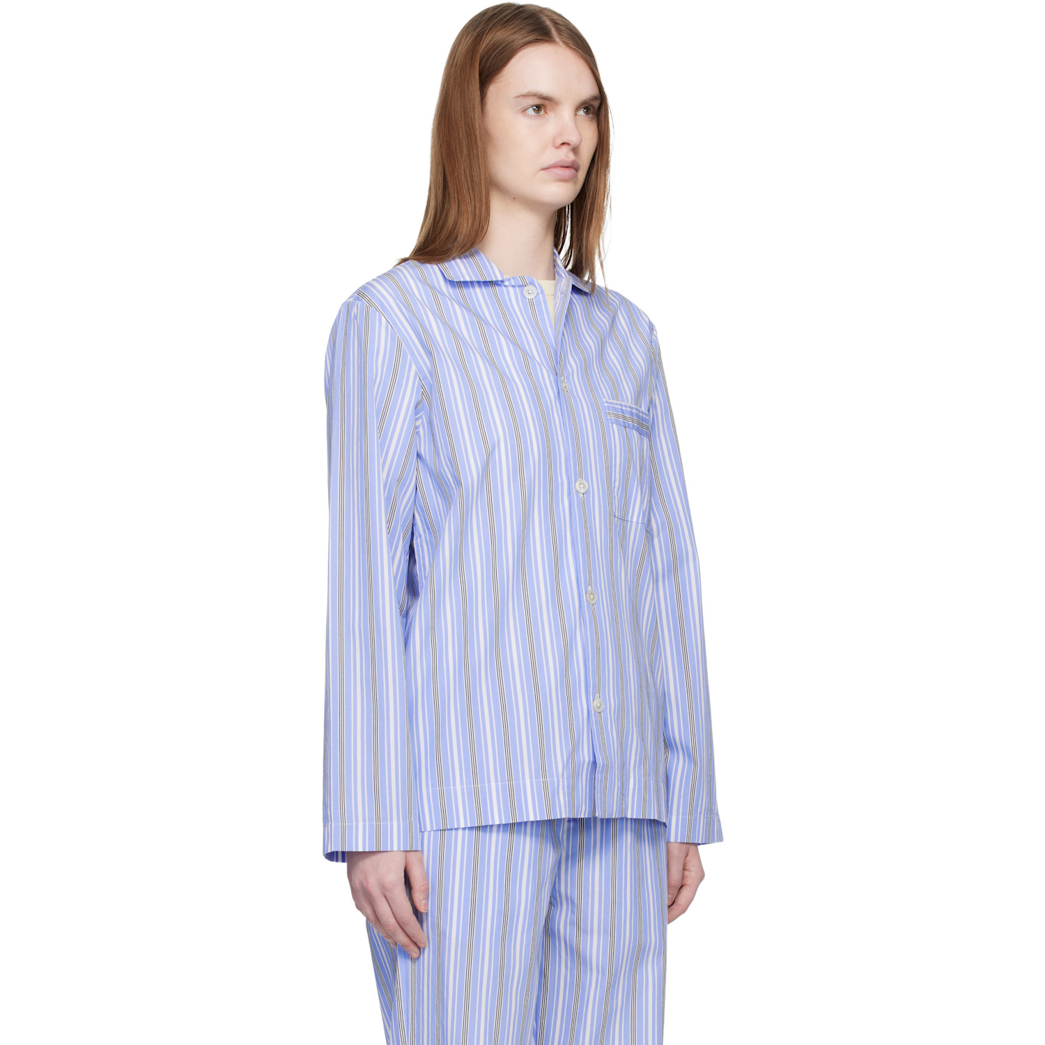  Tekla Blue & White Poplin Long-sleeved Pyjama Shirt 