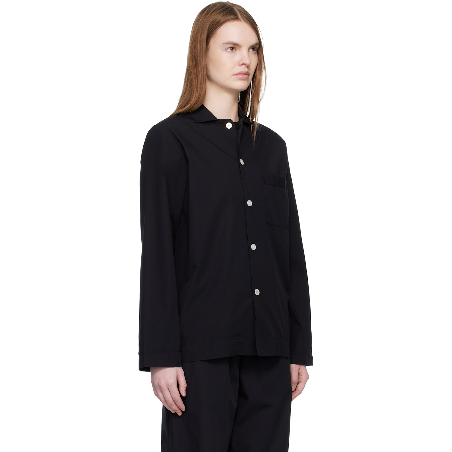  Tekla Black Poplin Long-sleeved Pyjama Shirt 