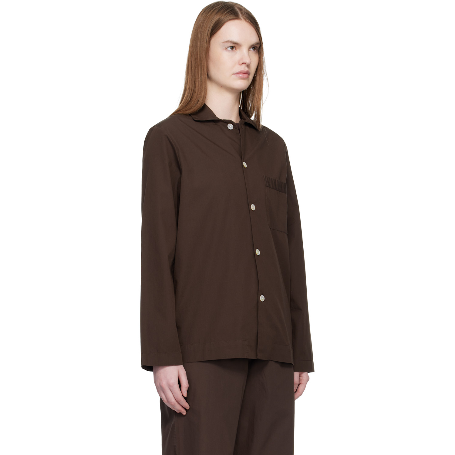  Tekla Brown Poplin Long-sleeved Pyjama Shirt 