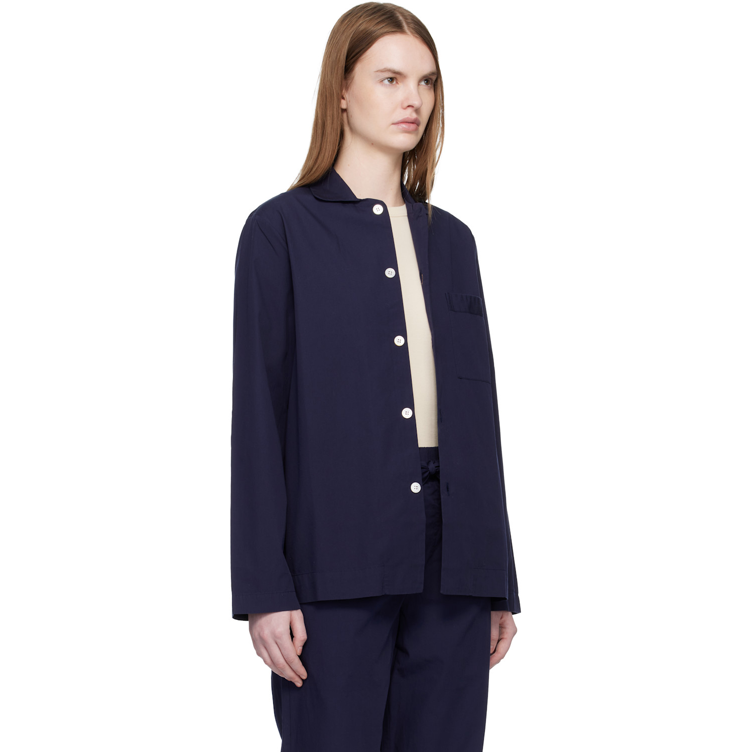  Tekla Navy Poplin Long-sleeved Pyjama Shirt 