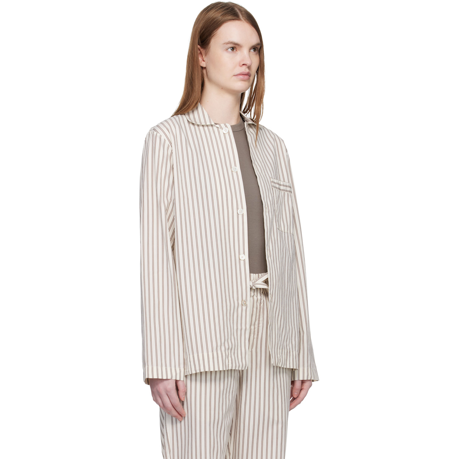  Tekla Off-white & Brown Poplin Long-sleeved Pyjama Shirt 