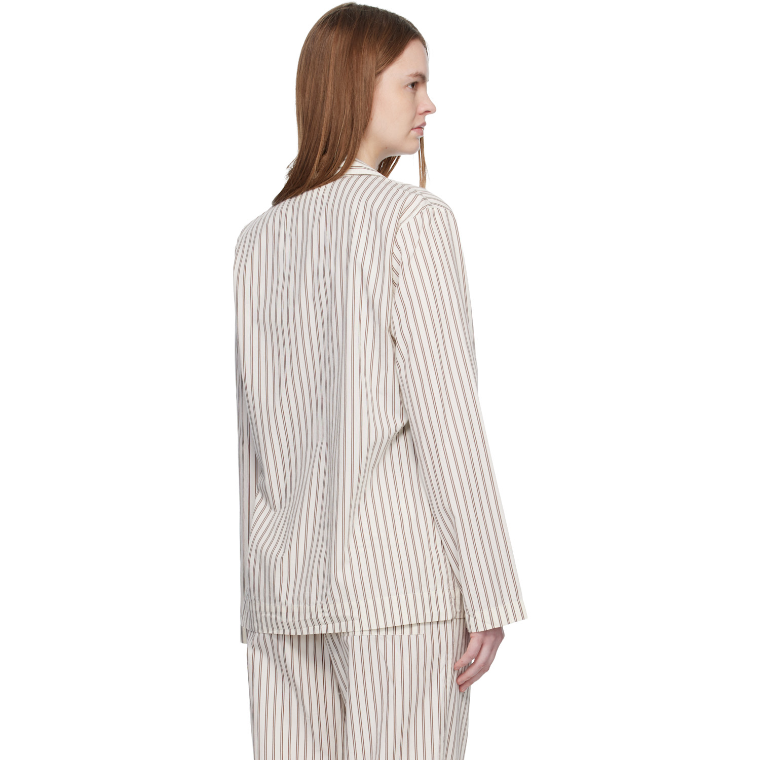  Tekla Off-white & Brown Poplin Long-sleeved Pyjama Shirt 
