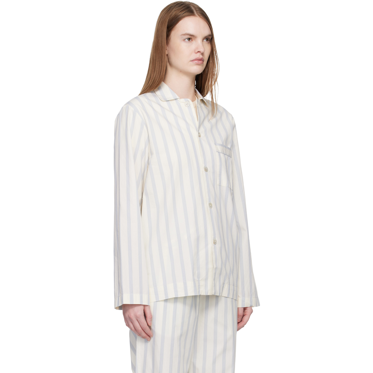  Tekla Off-white & Blue Poplin Long-sleeved Pyjama Shirt 