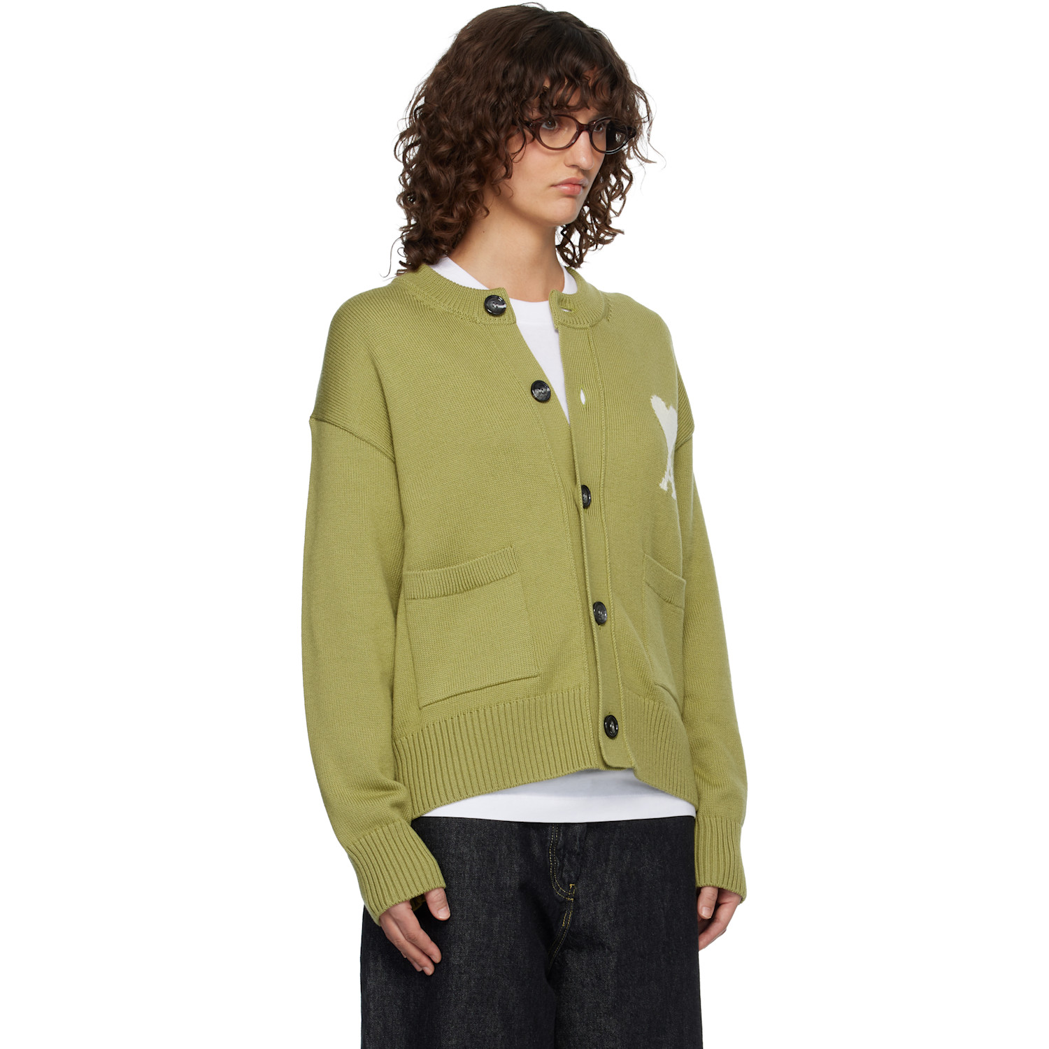  Ami Paris Green Wool Crewneck Ami De Coeur Cardigan 