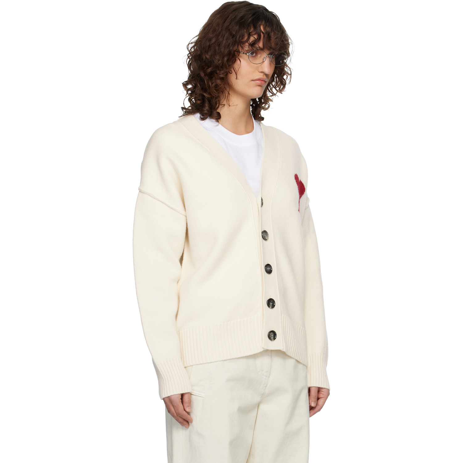  Ami Paris Off-white Wool Ami De Coeur Cardigan 
