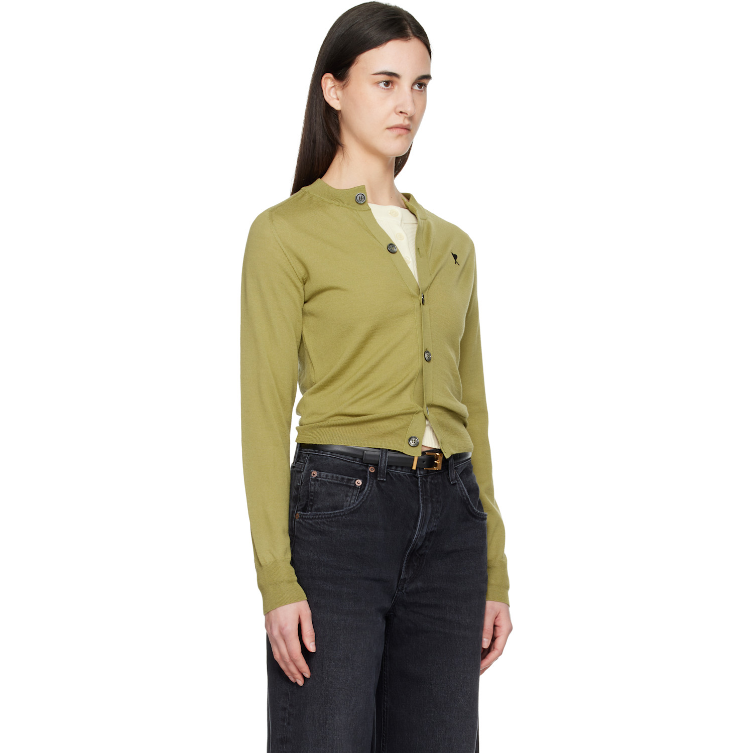  Ami Paris Green Wool Crewneck Ami De Coeur Cardigan 