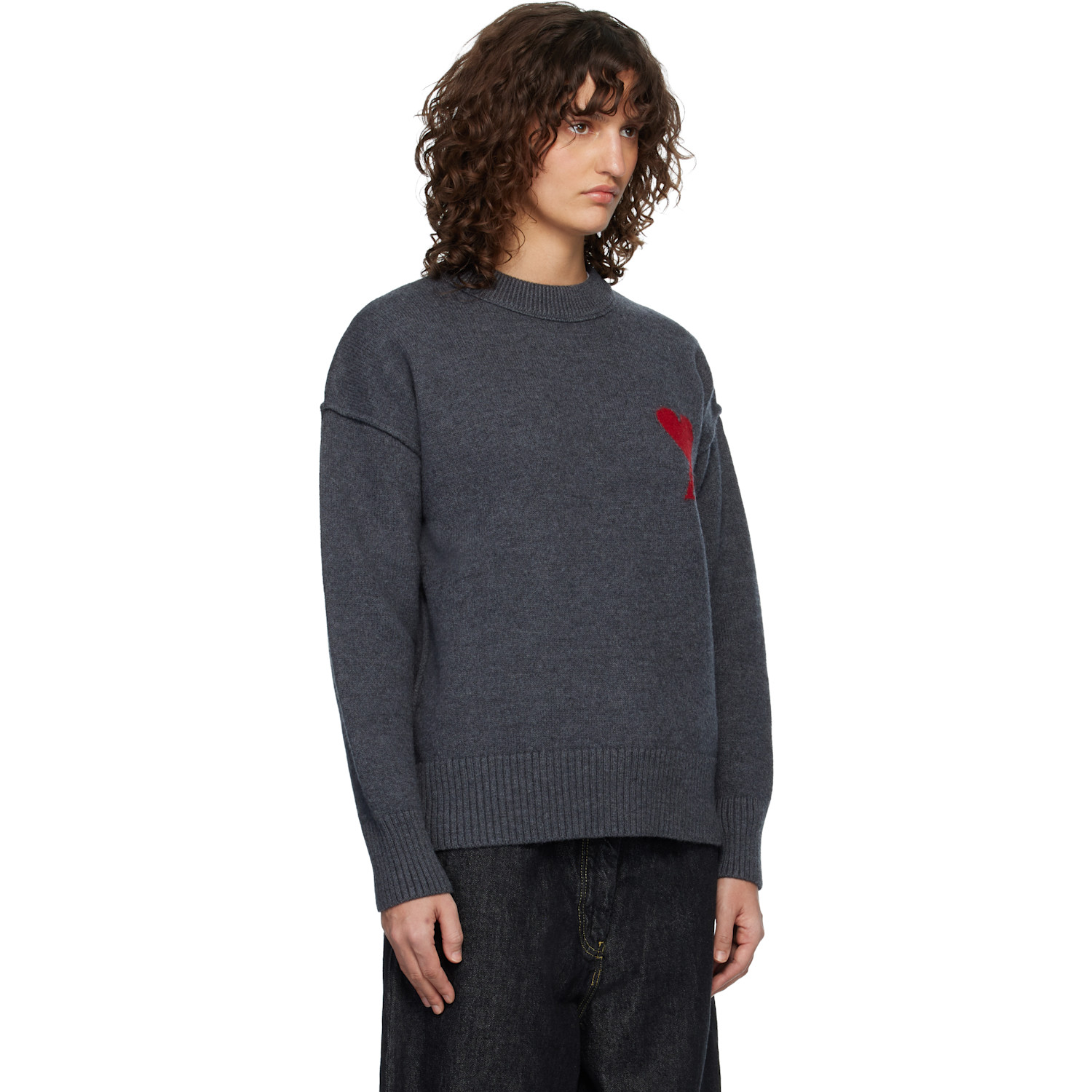 Ami Paris Gray Wool Crewneck Ami De Coeur Sweater 
