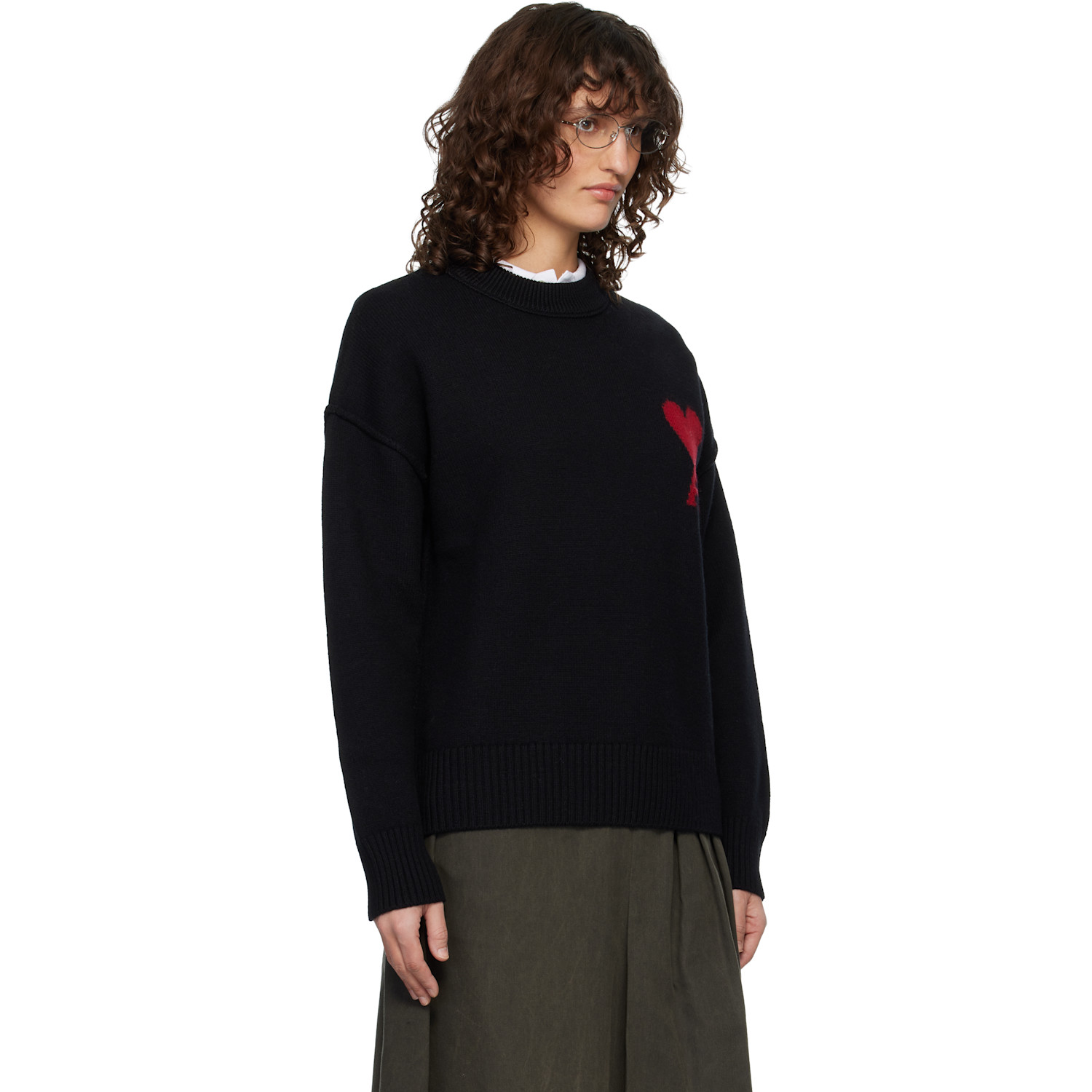  Ami Paris Black Wool Crewneck Ami De Coeur Sweater 