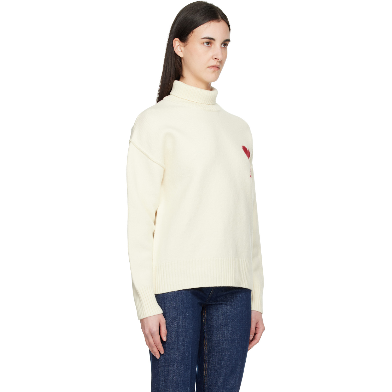  Ami Paris Off-white Contrasted Ami De Coeur Funnel Neck Sweater 