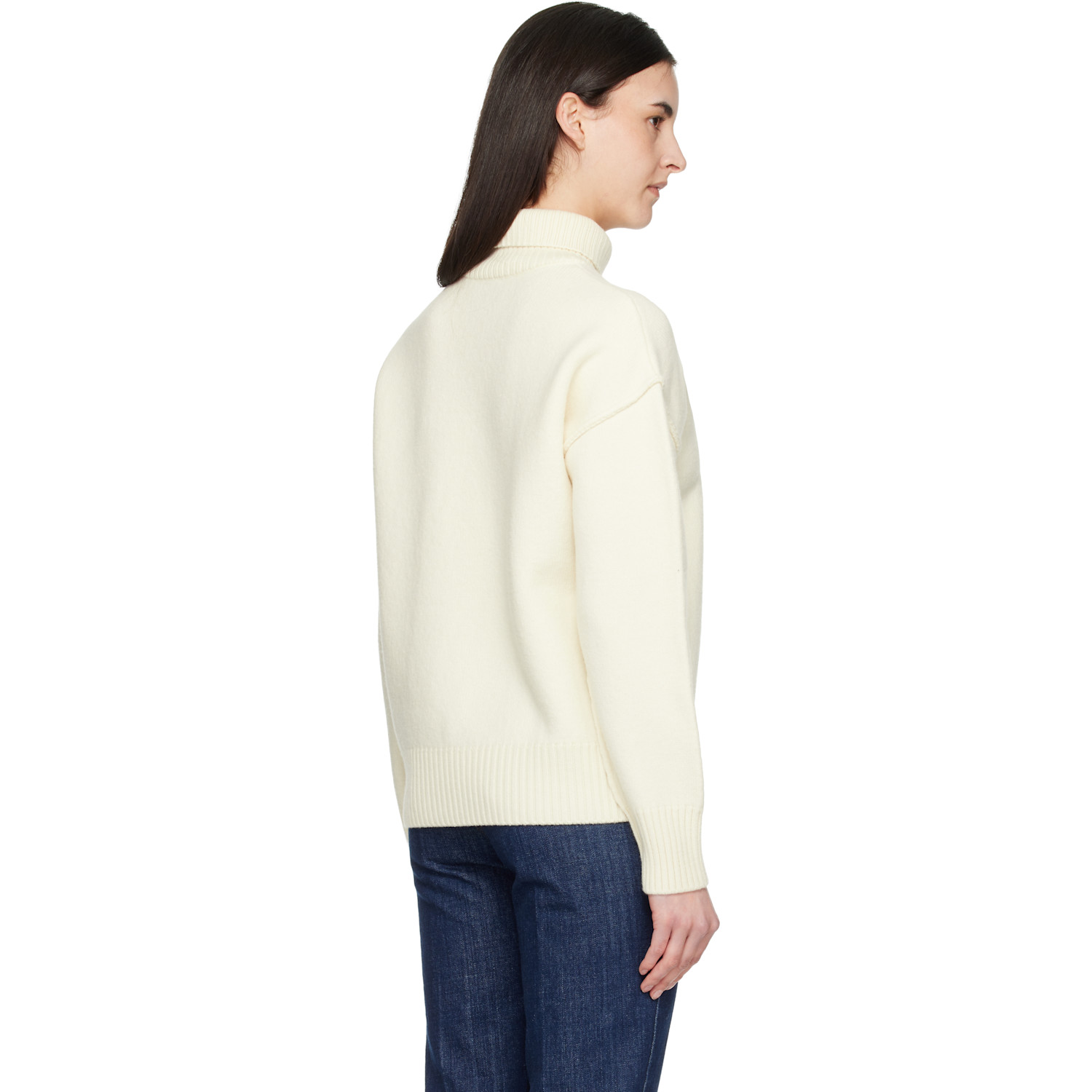  Ami Paris Off-white Contrasted Ami De Coeur Funnel Neck Sweater 