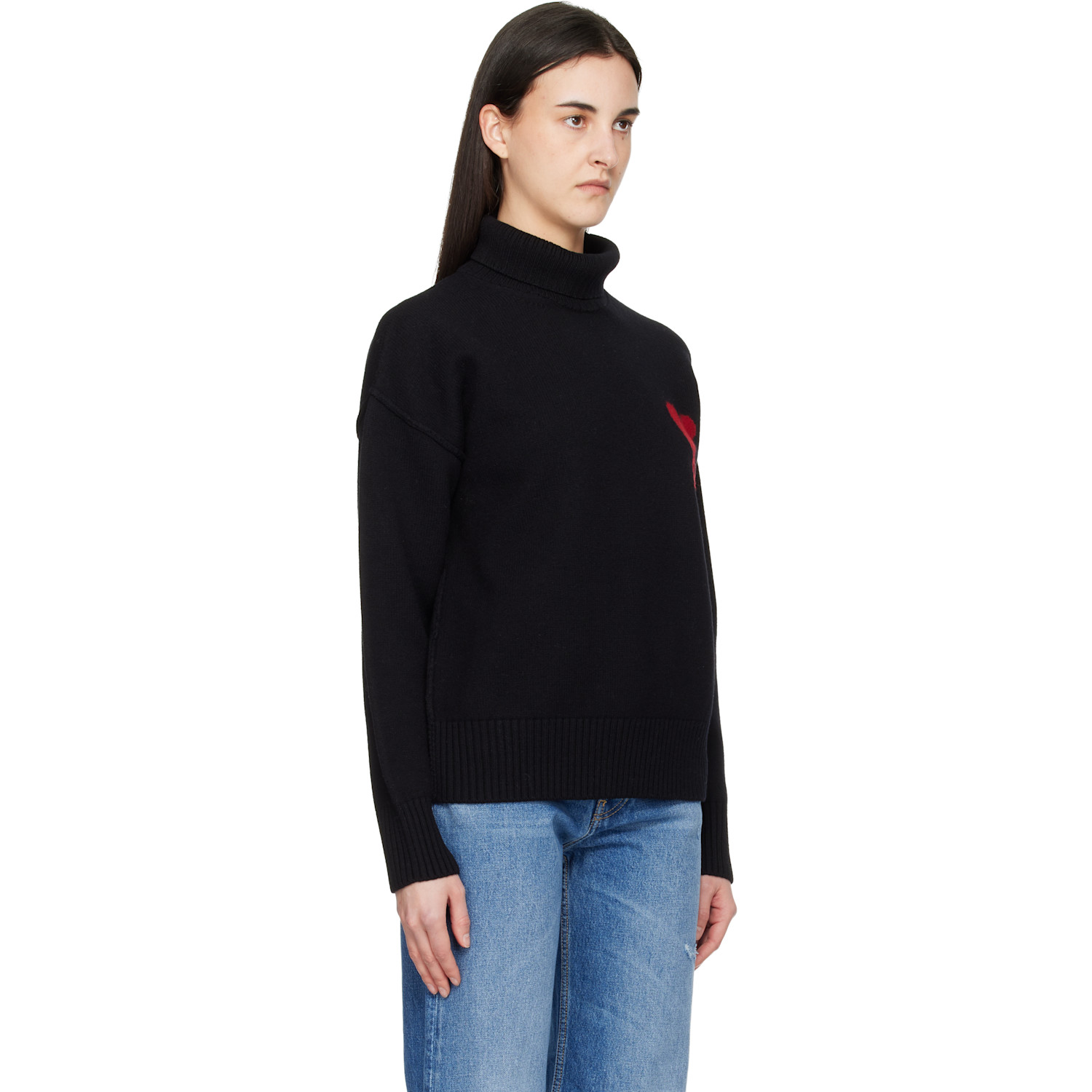  Ami Paris Black Contrast Ami De Coeur Funnel Neck Sweater 