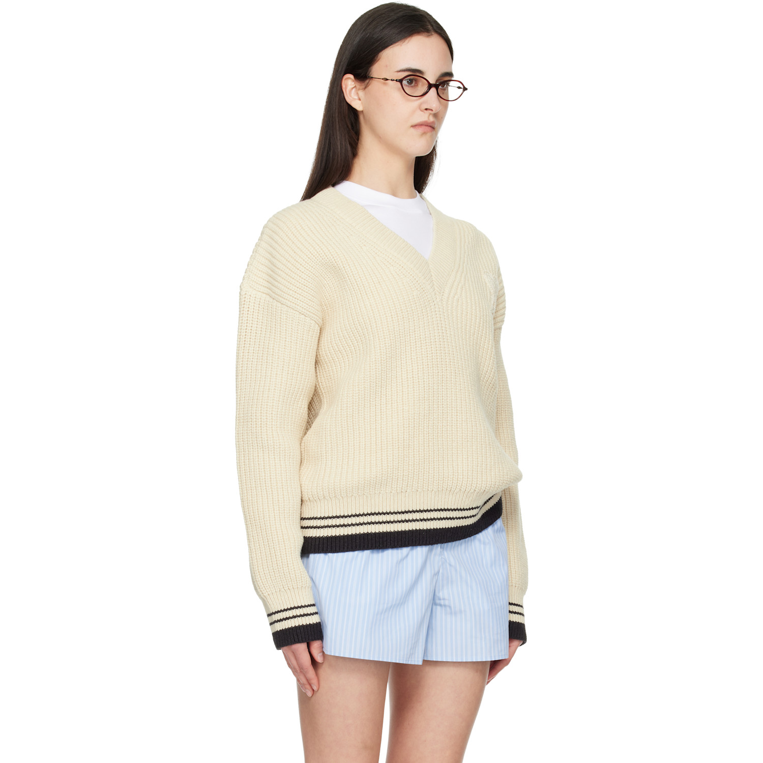  Ami Paris White Ribbed Wool V Neck Ami De Coeur Sweater 