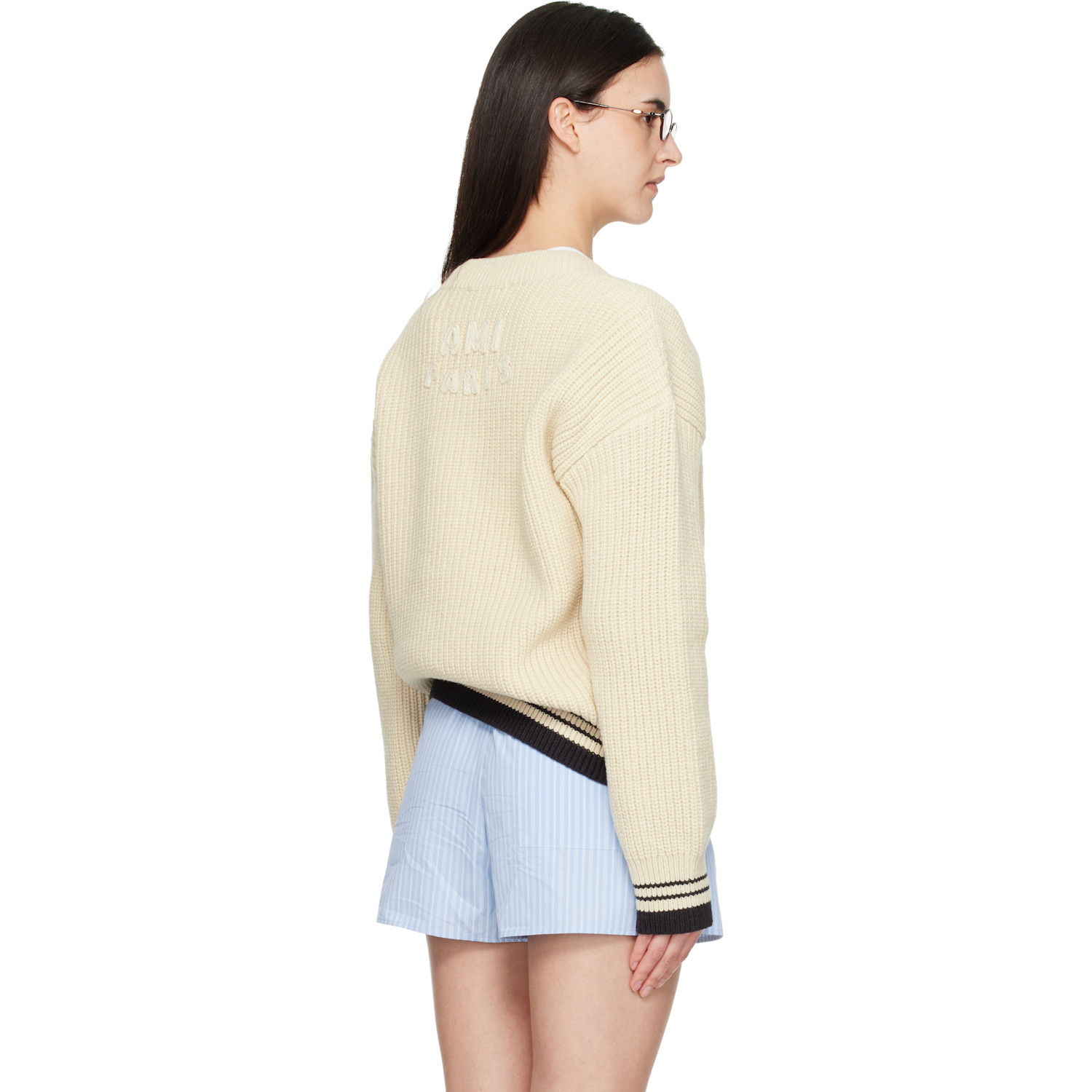  Ami Paris White Ribbed Wool V Neck Ami De Coeur Sweater 