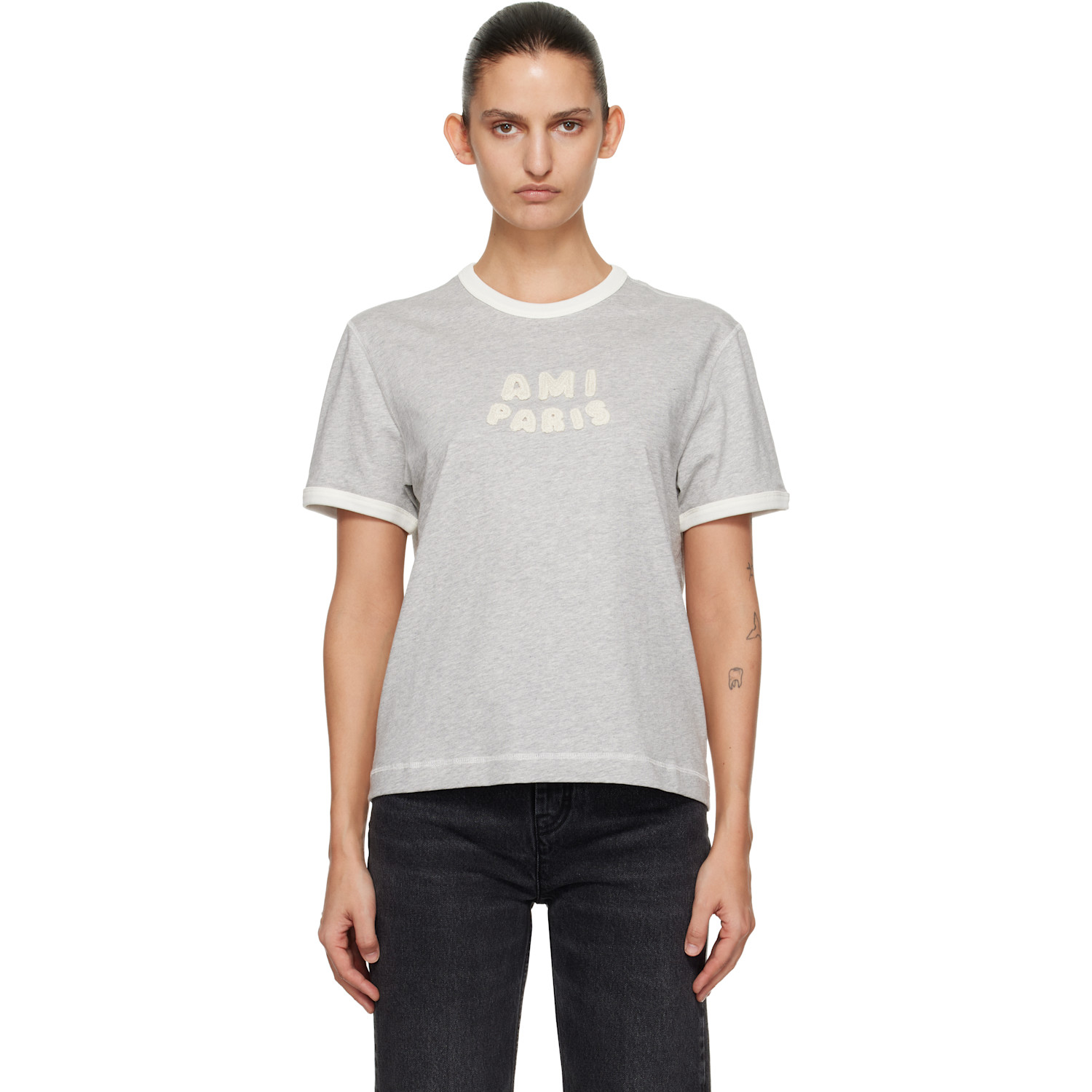 AMI Paris Gray Cotton 'Ami Paris' Knitted Patch T-shirt