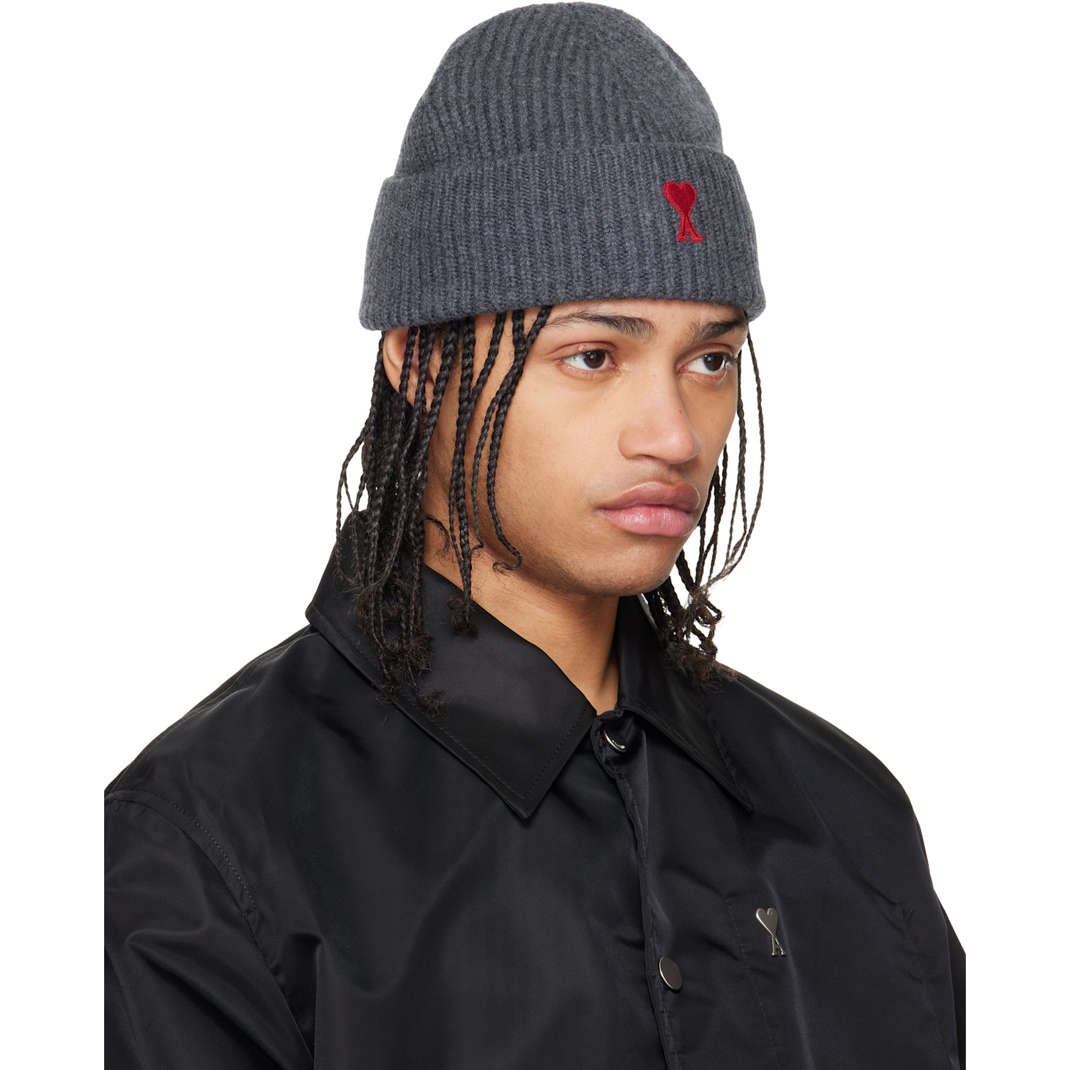  Ami Paris Gray Wool Contrasted Ami De Coeur Beanie 