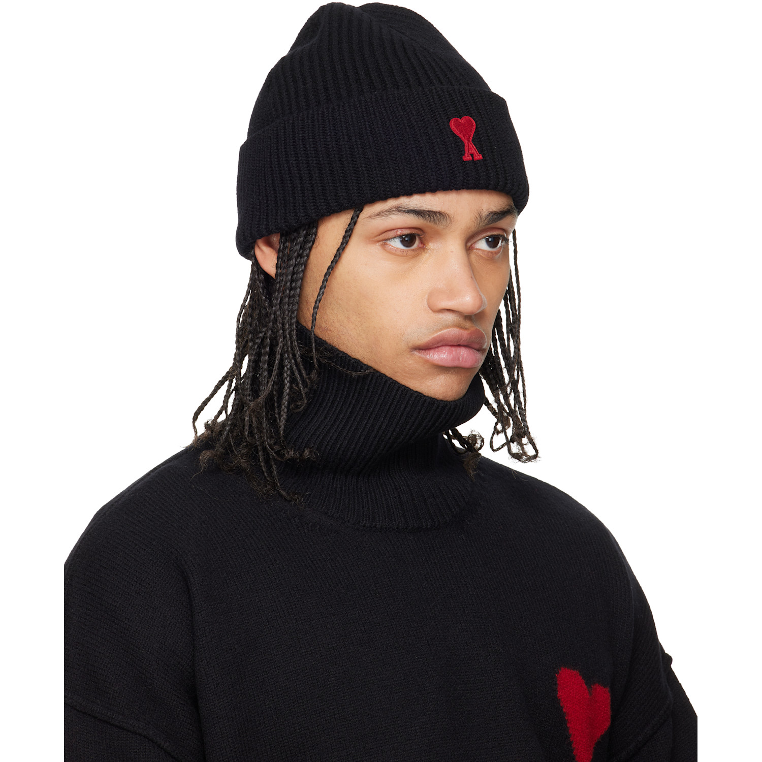  Ami Paris Black Wool Contrasted Ami De Coeur Beanie 