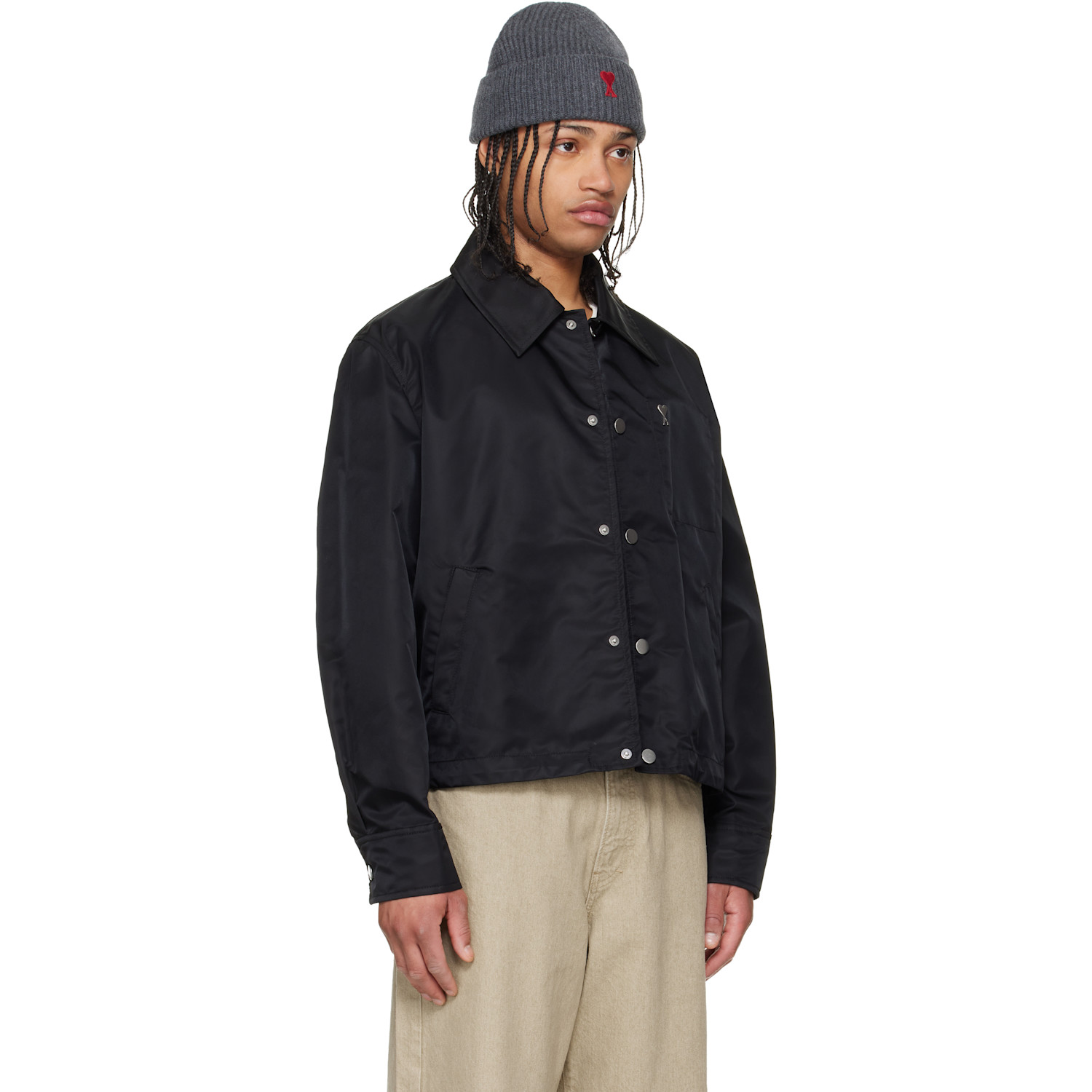  Ami Paris Black Nylon 'ami De Coeur' Stud Buttoned Jacket 
