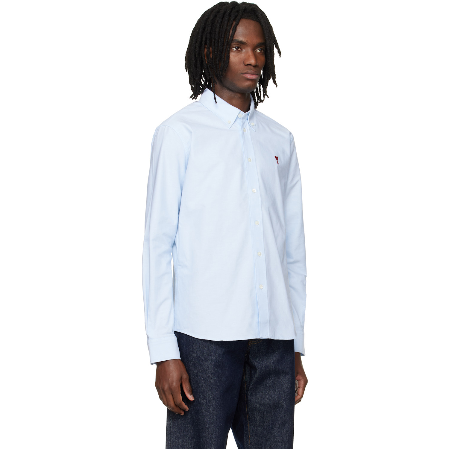  Ami Paris Blue Classic Long Sleeve Button-down Collar Embroidered Adc Shirt 