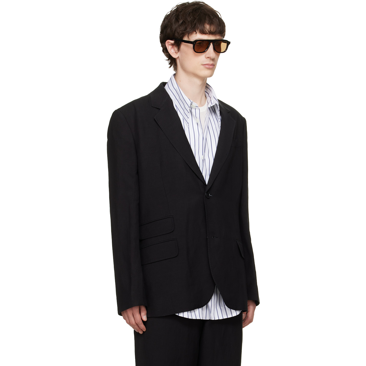  Ami Paris Black Linen Blend Single-breasted Straight Blazer 