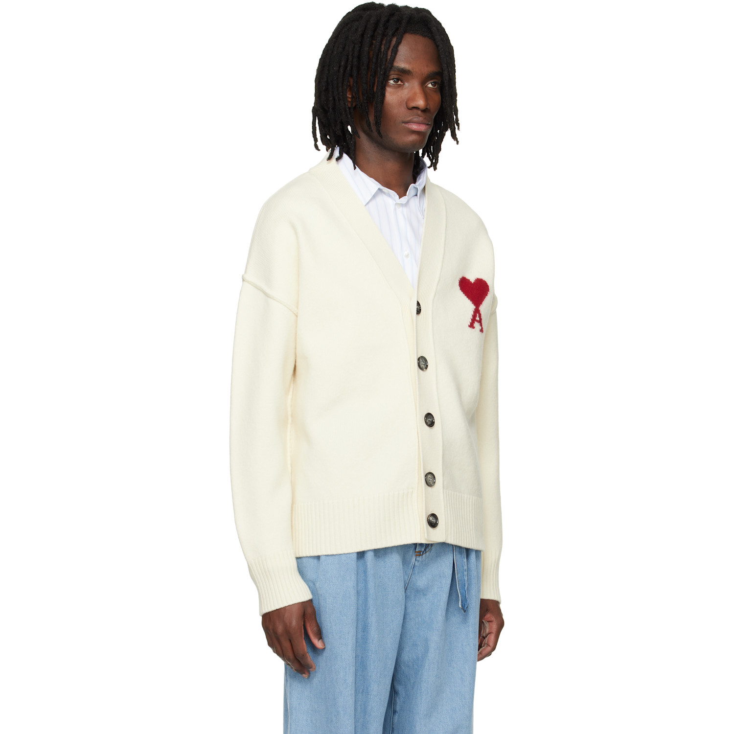  Ami Paris Off-white Wool Contrasted Ami De Coeur Cardigan 