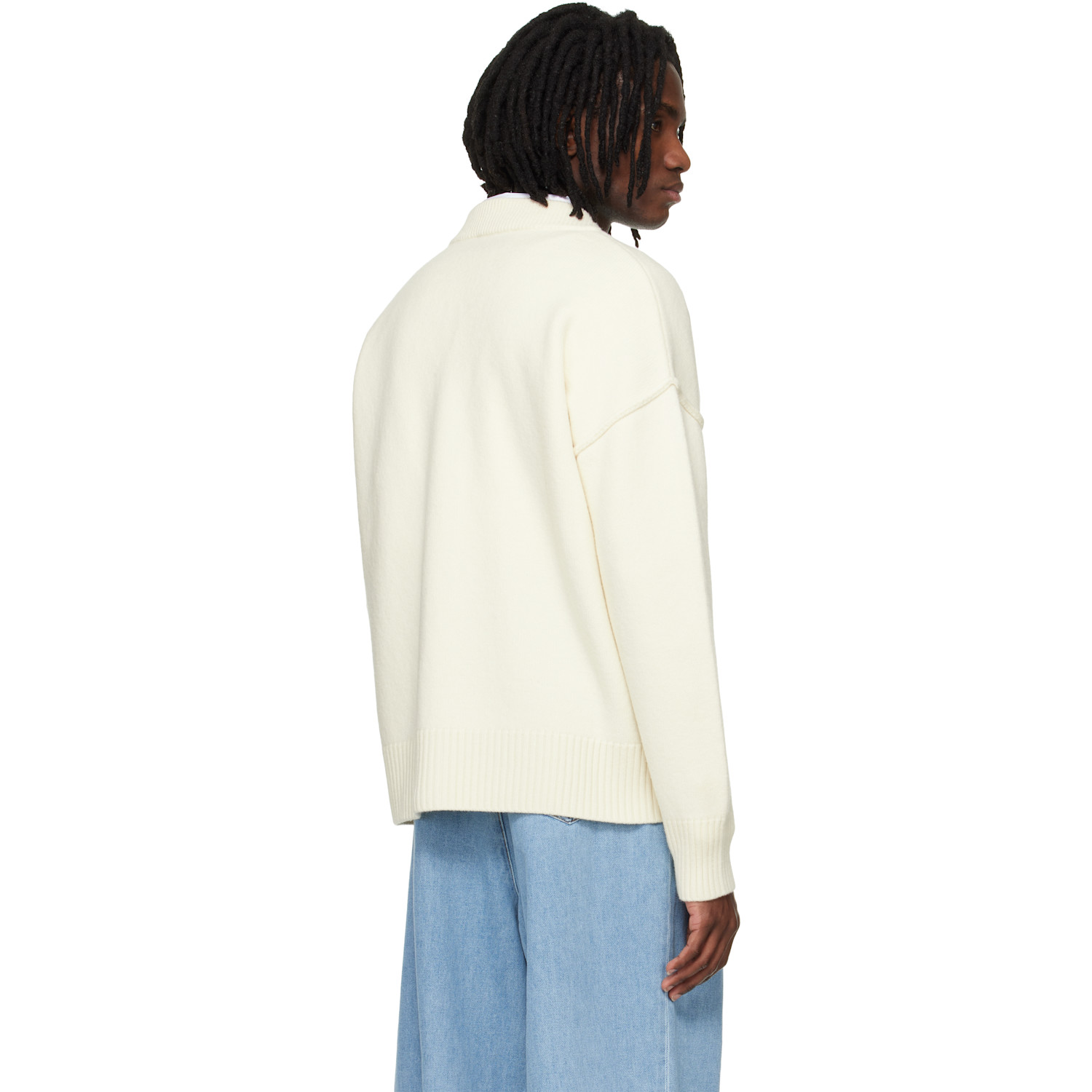  Ami Paris Off-white Wool Contrasted Ami De Coeur Cardigan 