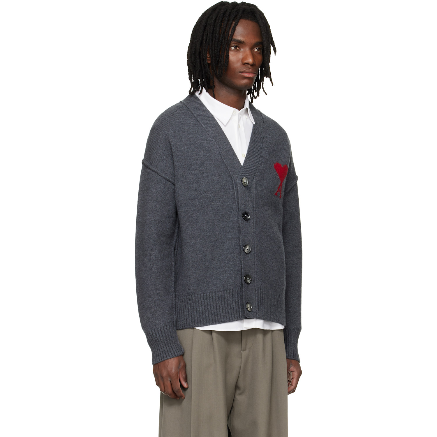  Ami Paris Gray Wool Contrasted Ami De Coeur Cardigan 
