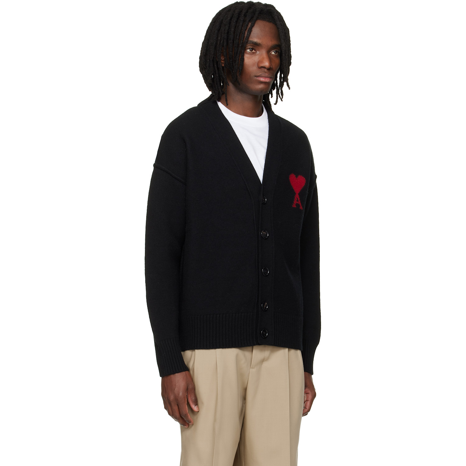  Ami Paris Black Wool Contrasted Ami De Coeur Cardigan 