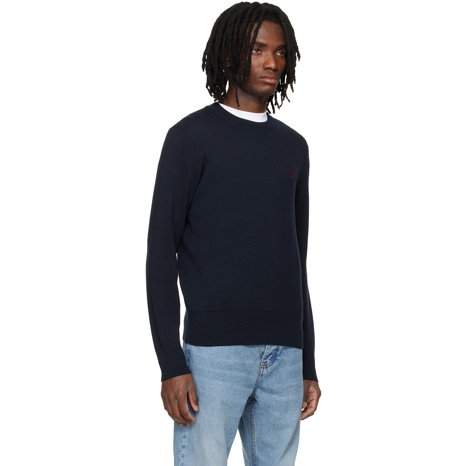  Ami Paris Navy Wool Contrasted Ami De Coeur Crewneck Sweater 